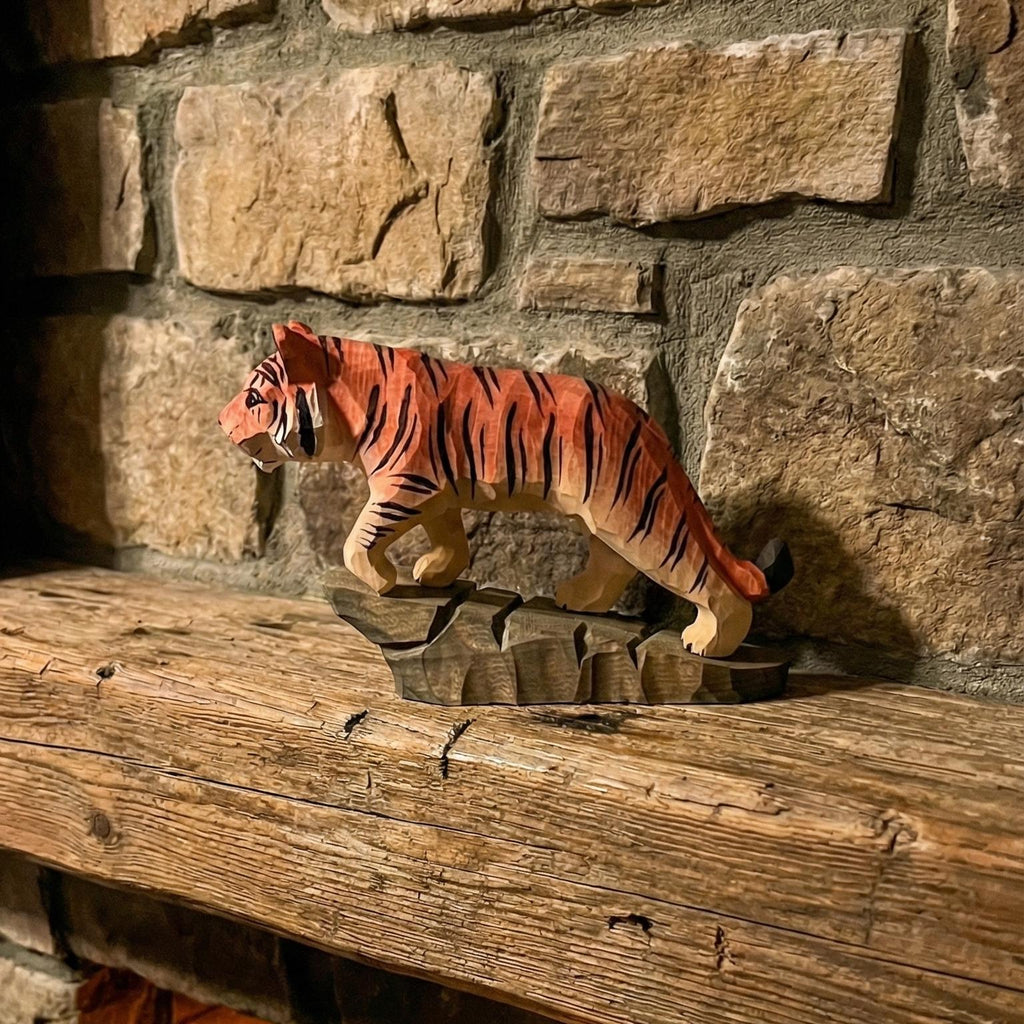 Hand Carved Wooden Tiger Figurine, Rustic Jungle Decor