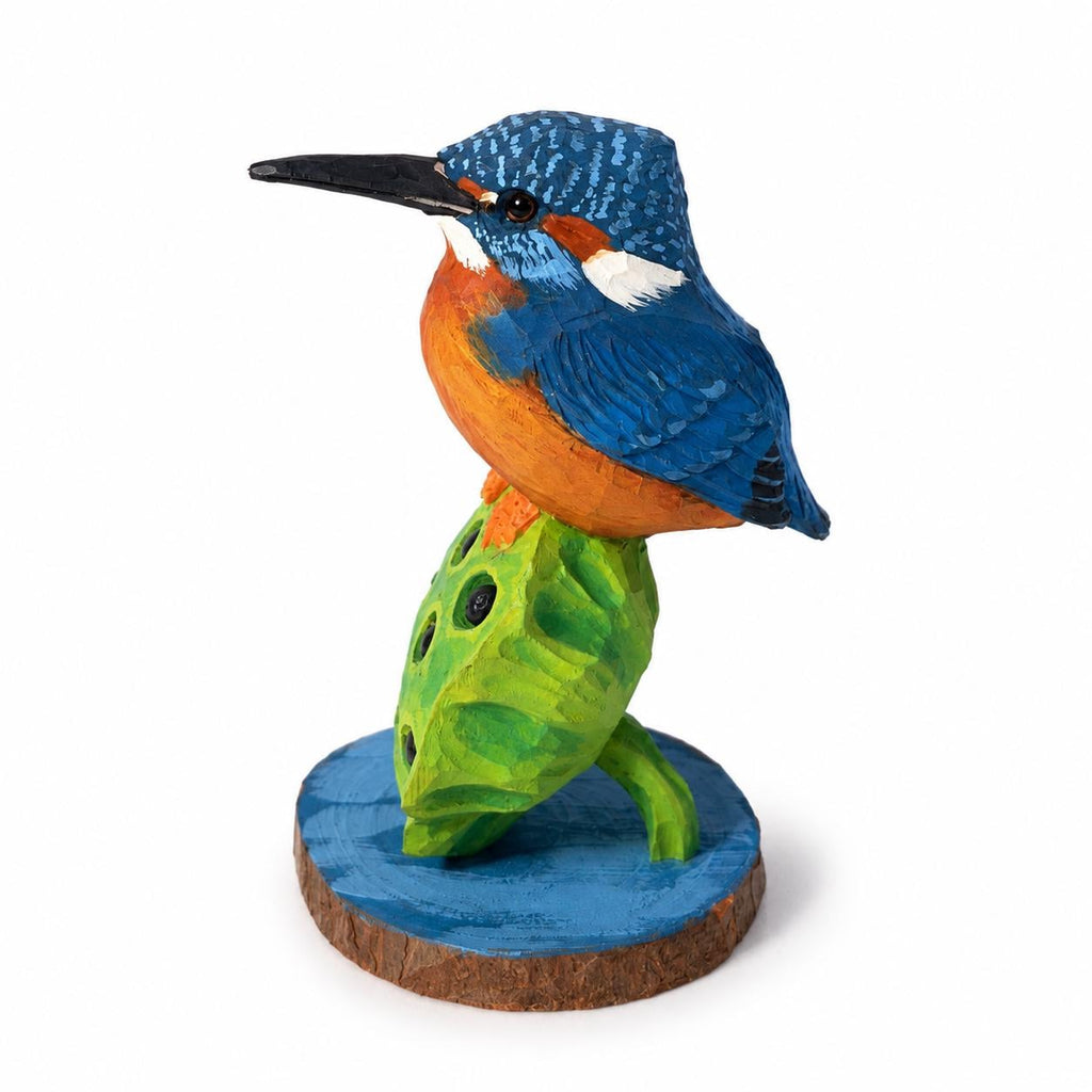 Vibrant Hand-Carved Wooden Kingfisher Figurine Lotus Pod Sculpture Nature Decor Bird Lover Gift