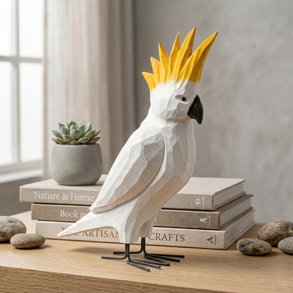 Whimsical Hand-Carved Wooden Cockatoo Figurine | Geometric Tropical Bird Sculpture | Modern Coastal Decor | Unique Gift for Bird Lovers