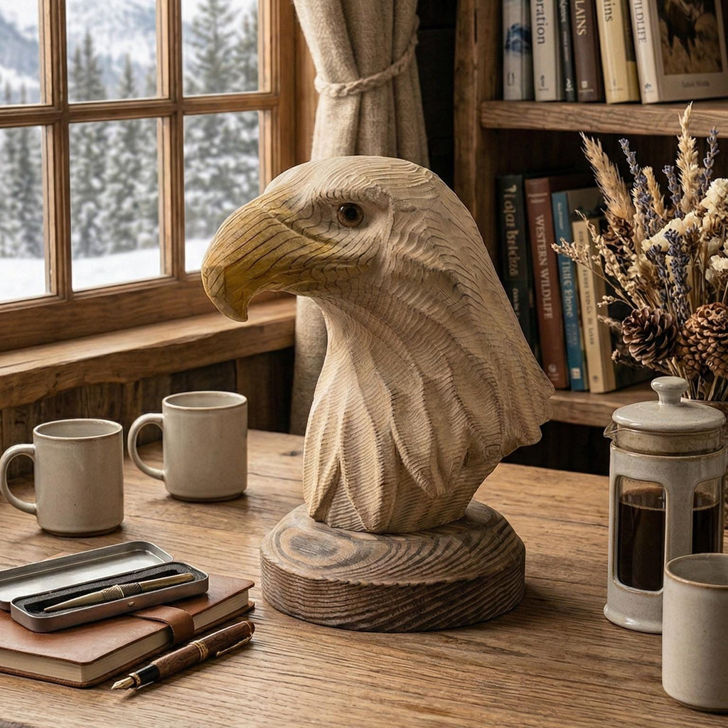 Majestic Eagle Head Wood Carving, Hand-Carved Bald Eagle Bust, Rustic Nature Home Decor, Unique Gift for Bird Lovers, Wildlife Office Art