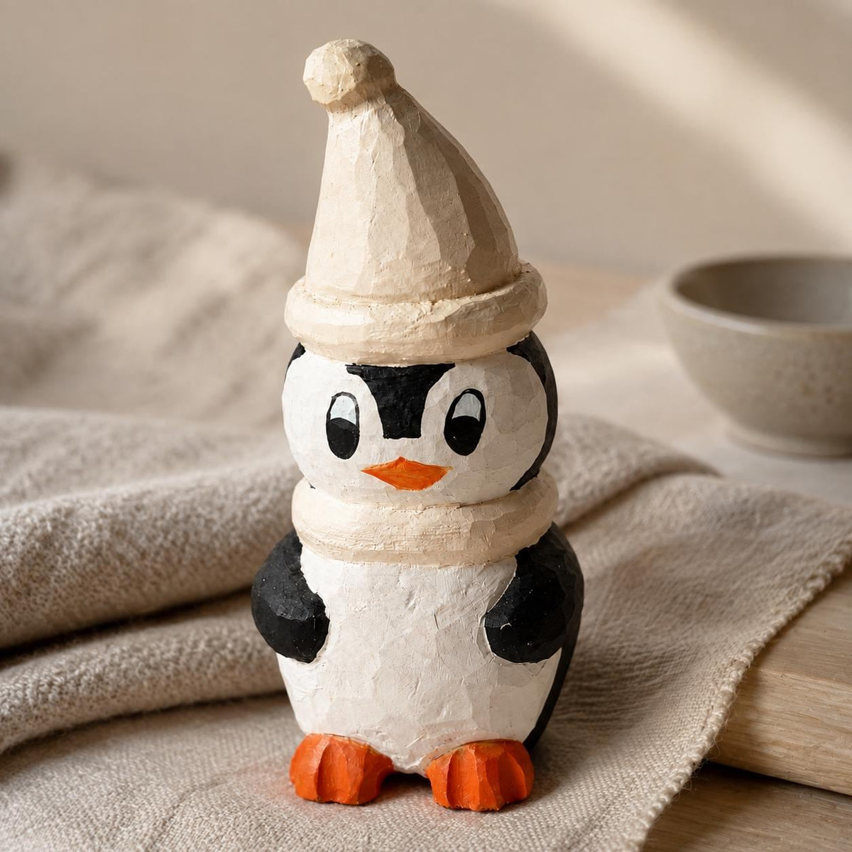 Cozy Hand Carved Wood Penguin Figurine Rustic Winter Animal Decor Wooden Woodland Art Cute Christmas Nursery Gift for Kids