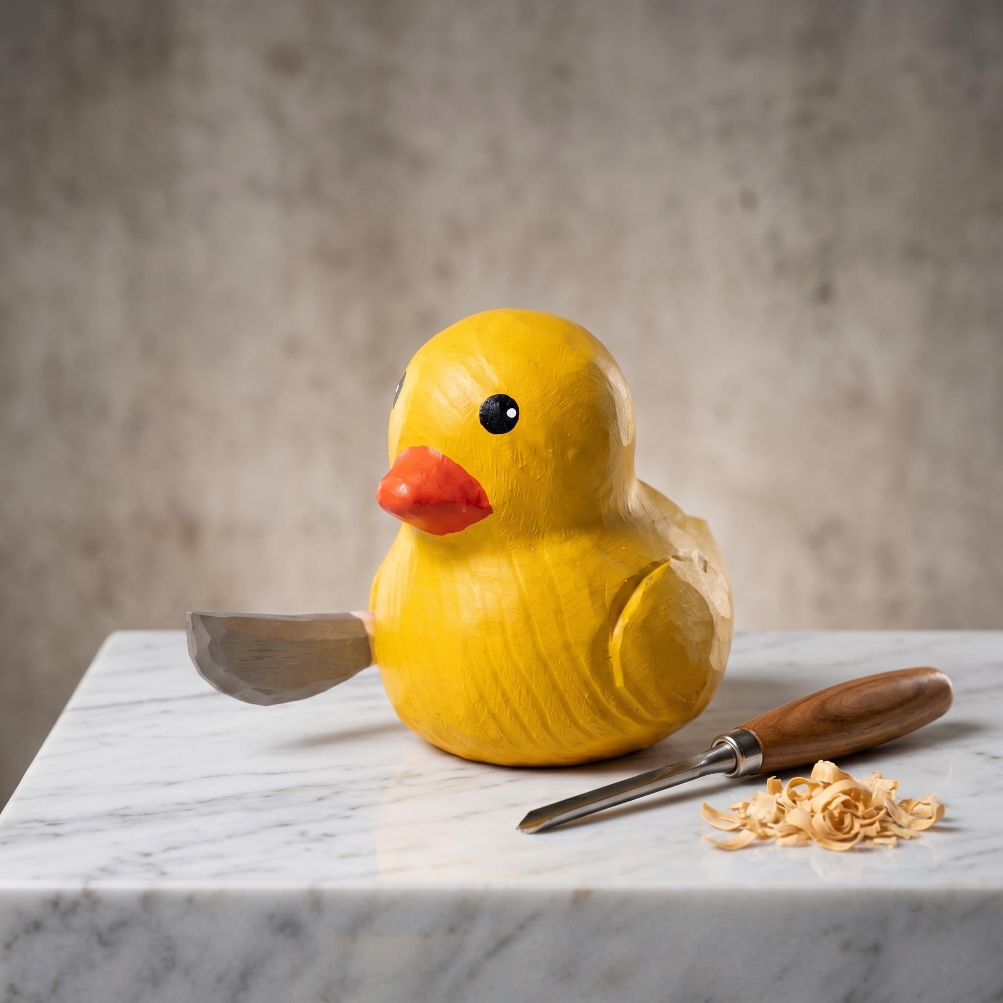 Funny Wooden Duck with Knife Figure Quirky Desk Decor Meme Wood Carving Cheeky Animal Figurine Unique Gag Gift for Co-Worker Humorous Art