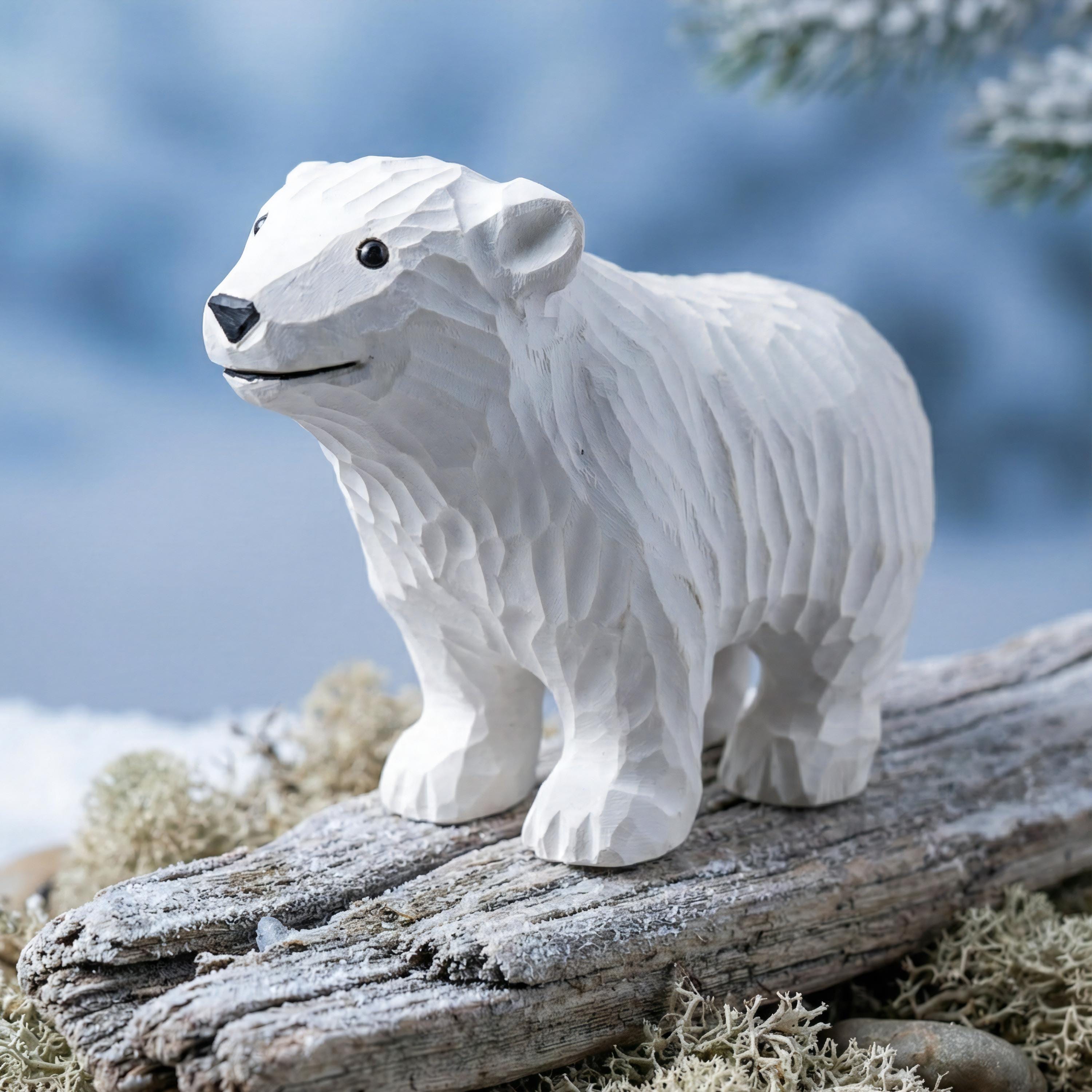 Hand Carved Wooden Polar Bear Figurine - White Bear Statue - Winter Wonderland Decor - Cabin Ornament