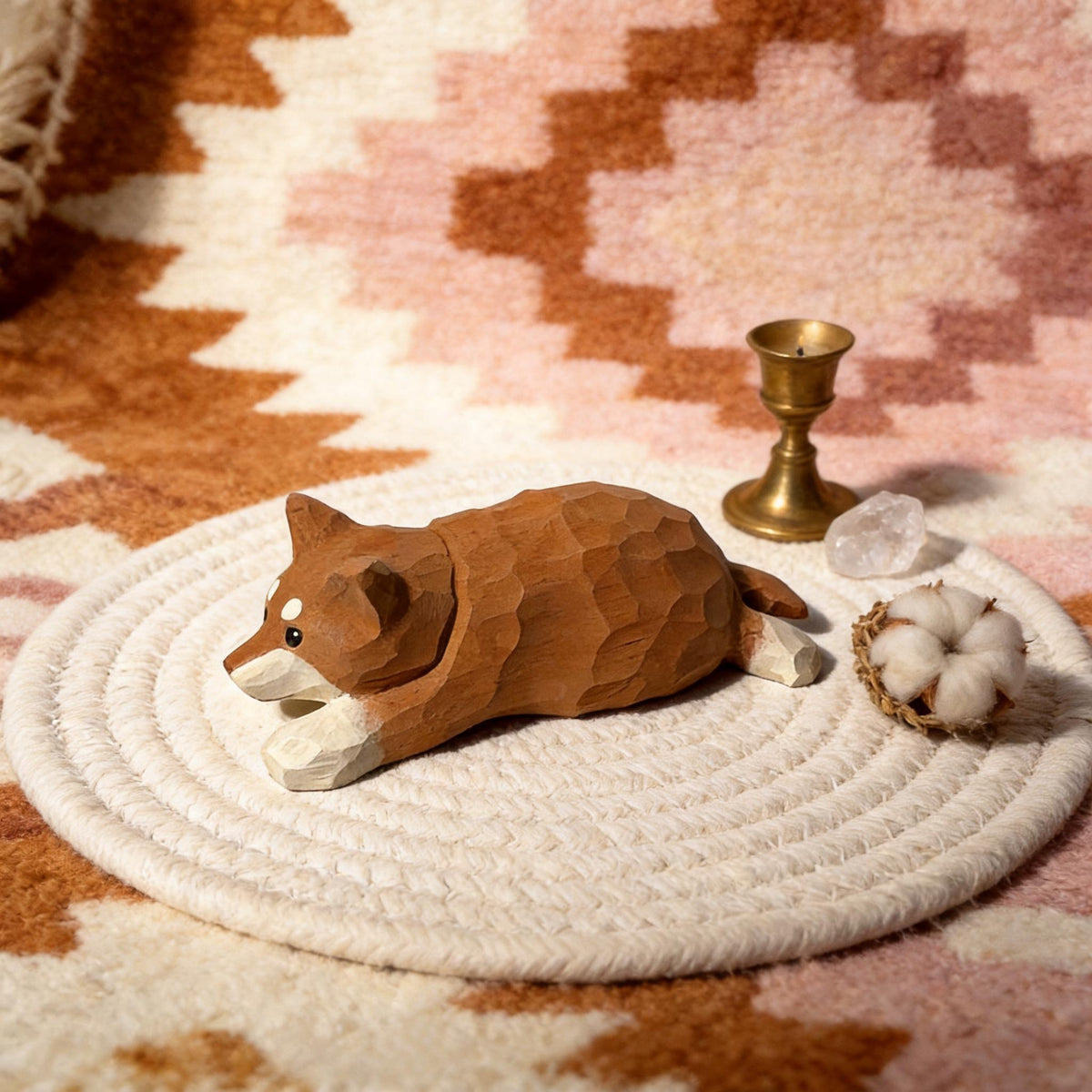 Sleepy Shiba Inu Wood Carving Cute Lying Dog Figurine Handmade Desk Pet Decor Gift for Dog Lovers