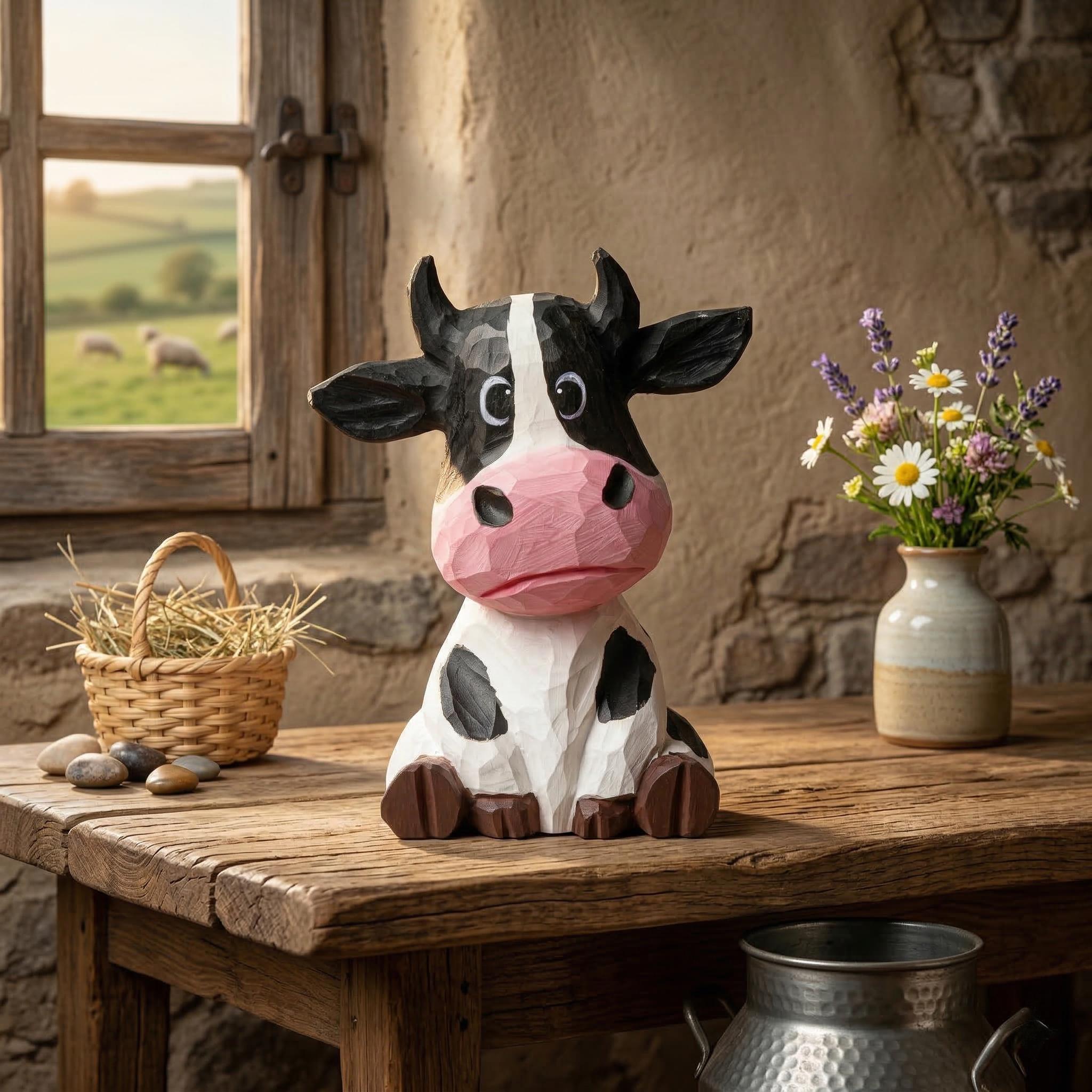 Whimsical Hand Carved Wooden Cow Figurine Sitting Farmhouse Decor Rustic Animal Art Unique Gift for Cow Lovers Nursery Shelf Decor