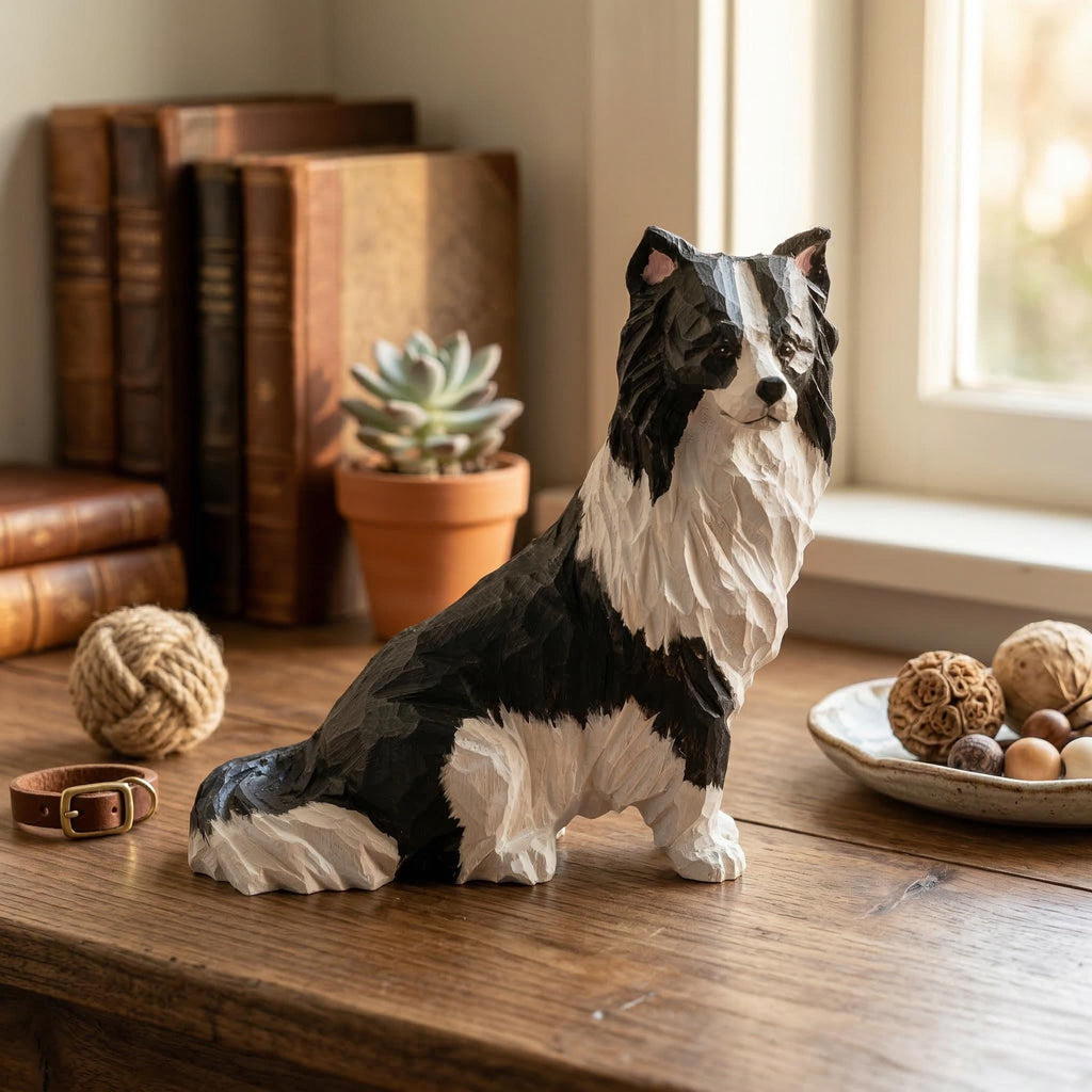 Hand-Carved Wooden Border Collie Figurine, Black and White Dog Sculpture, Rustic Pet Memorial Gift, Dog Lover Home Decor