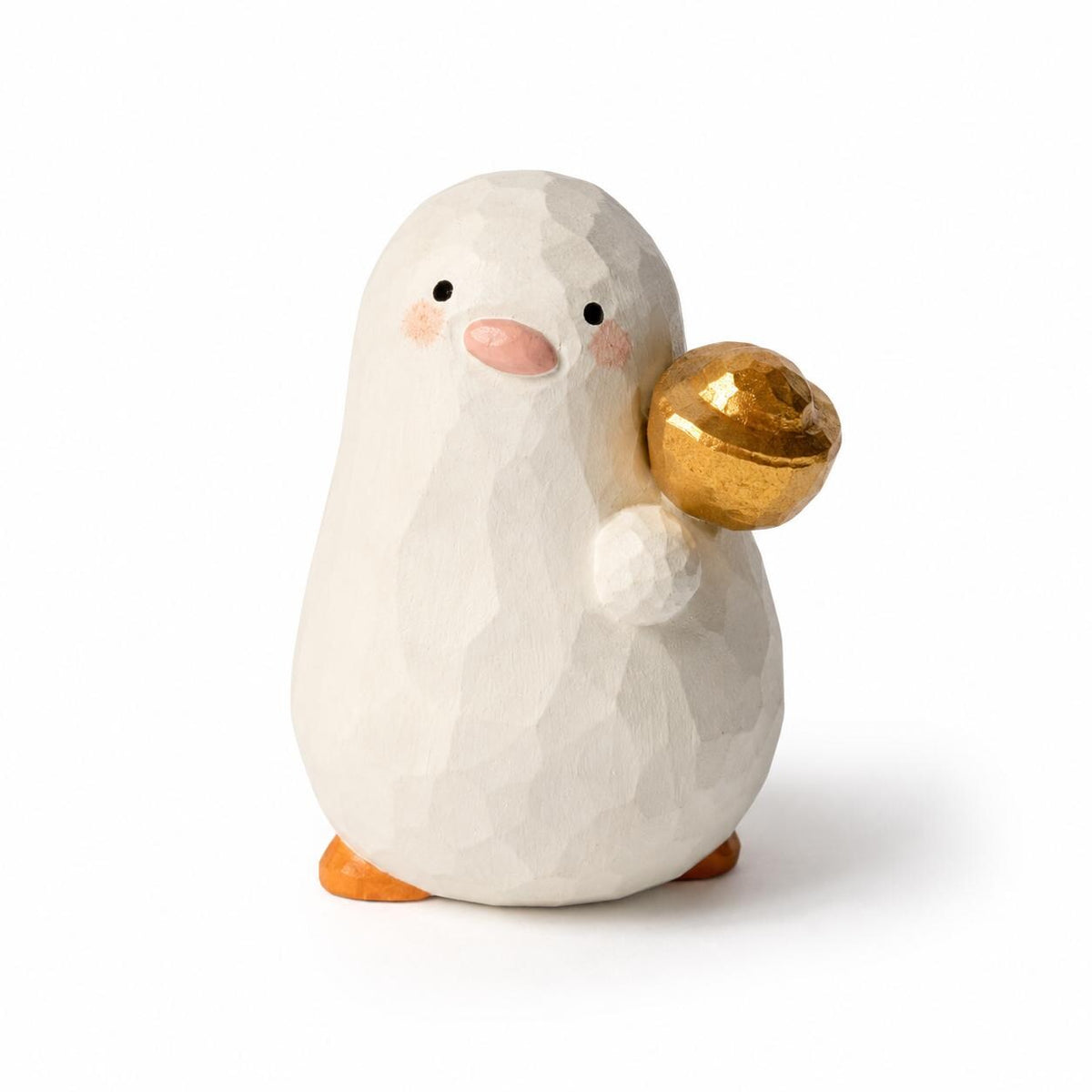 Lucky White Wooden Bird Figurine Hand Carved Wood Duck with Gold Ingot Cute Desk Decor Good Luck Gift for Friend New Job Present