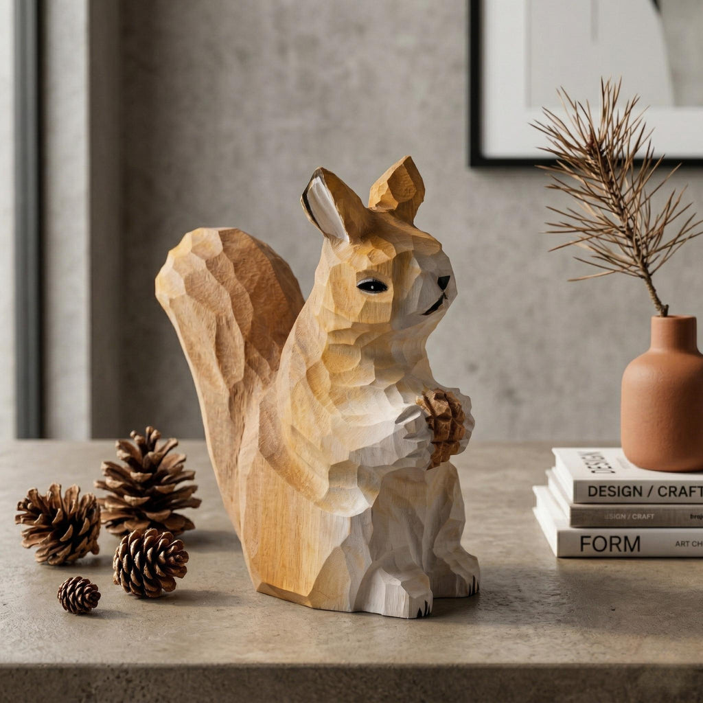 Whimsical Hand Carved Wooden Squirrel Figurine, Rustic Woodland Nursery Decor, Woodland Animal Statue, Unique Nature Lover Gift Idea