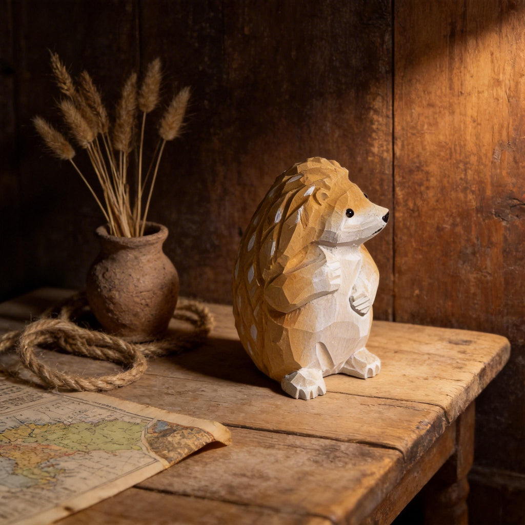 Hand Carved Wooden Hedgehog Figurine, Grumpy Woodland Animal Decor, Whimsical Desk Pet, Rustic Shelf Sitter, Unique Gift for Nature Lover