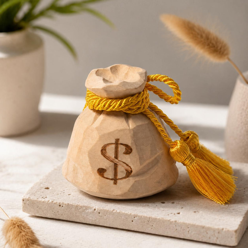 Hand Carved Wooden Money Bag, Dollar Sign Coin Purse Figurine, Gold Tassel Wealth Symbol, Rustic Farmhouse Desk Decor, Lucky Money Gift