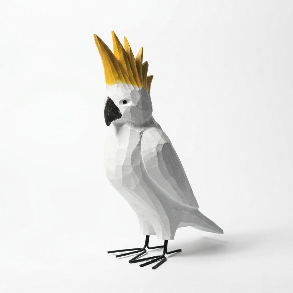 Whimsical Hand-Carved Wooden Cockatoo Figurine | Geometric Tropical Bird Sculpture | Modern Coastal Decor | Unique Gift for Bird Lovers