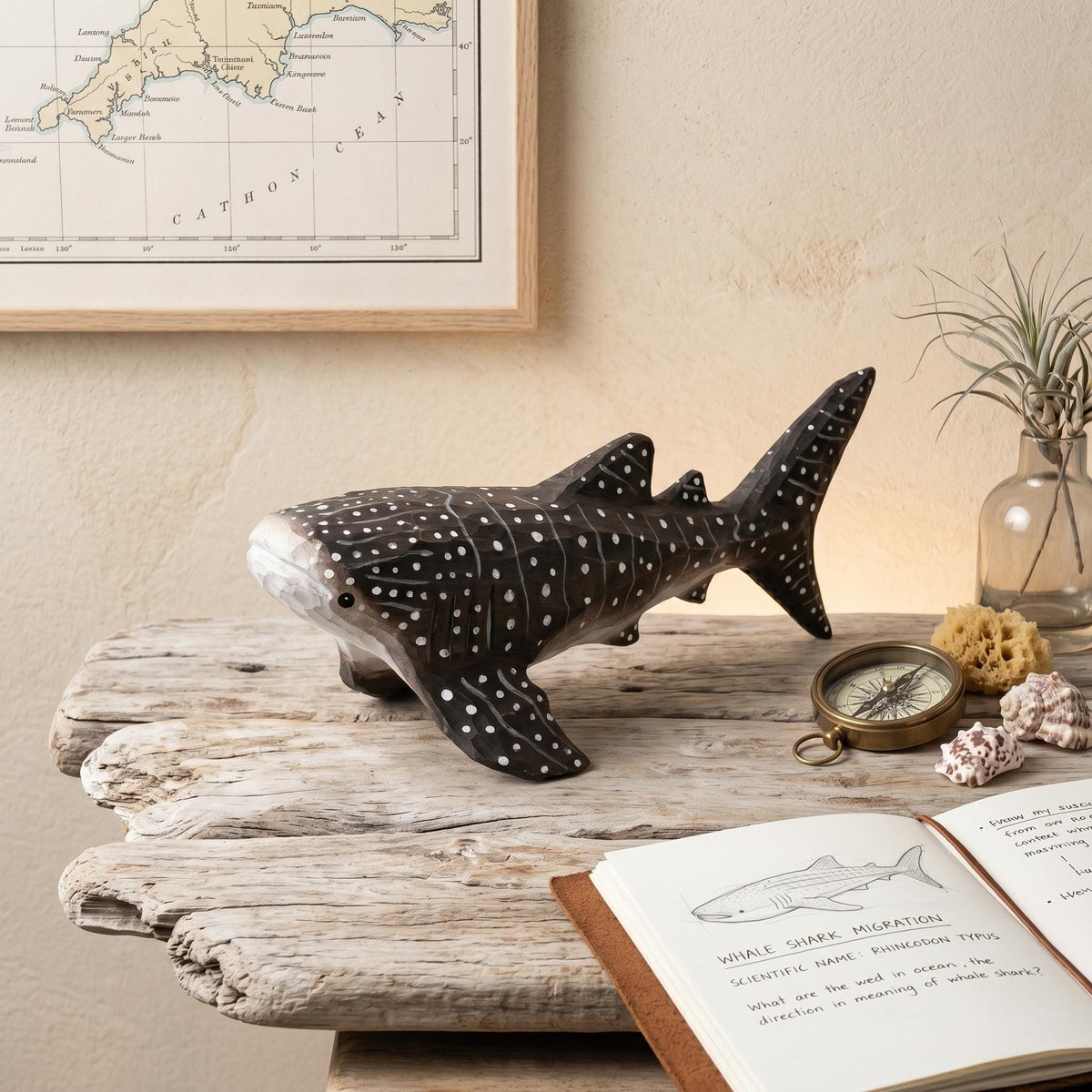 Hand Carved Wooden Whale Shark Figurine, Rustic Ocean Decor, Gentle Giant Marine Life Art, Unique Scuba Diver Gift, Nautical Nursery Decor