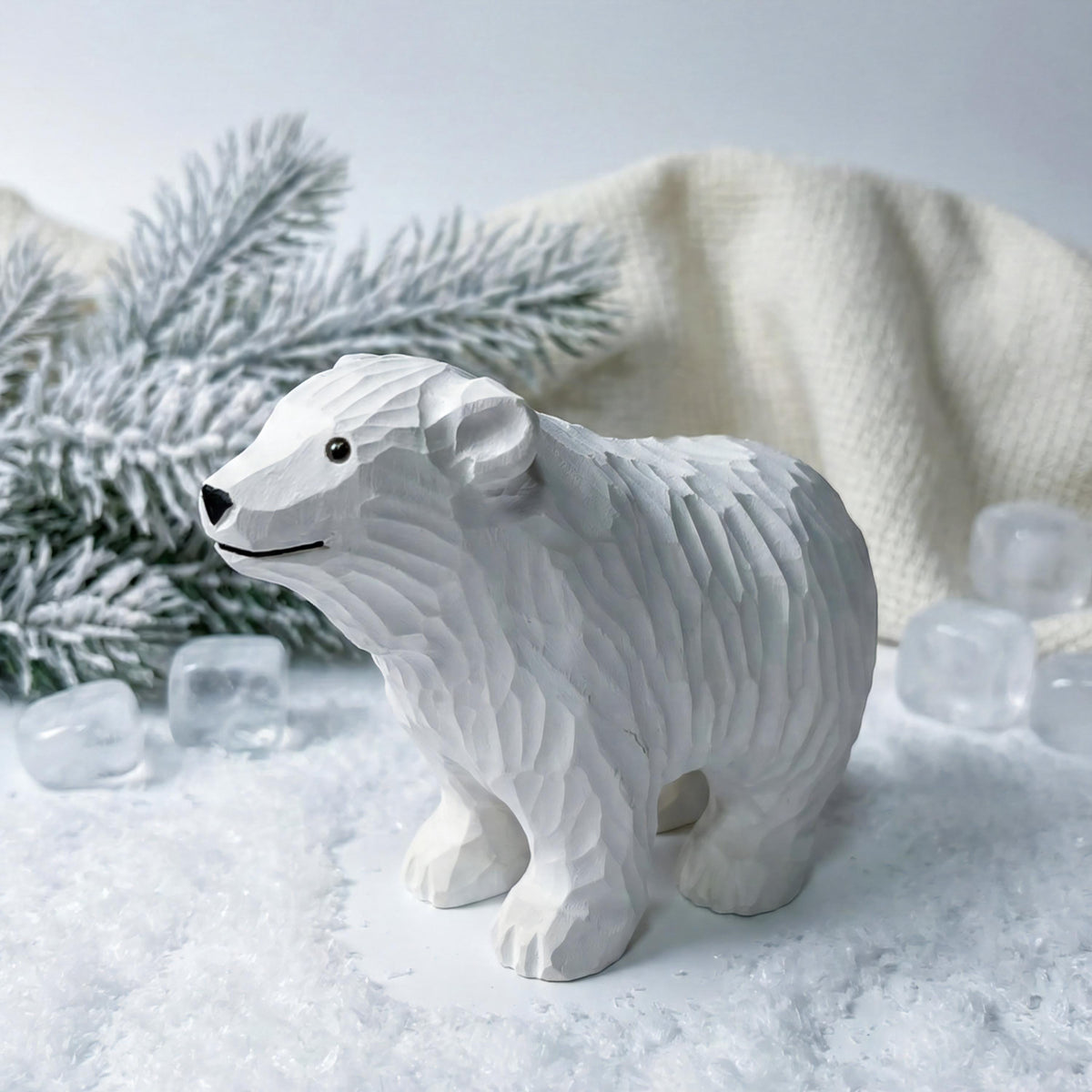 Hand Carved Wooden Polar Bear Figurine - White Bear Statue - Winter Wonderland Decor - Cabin Ornament