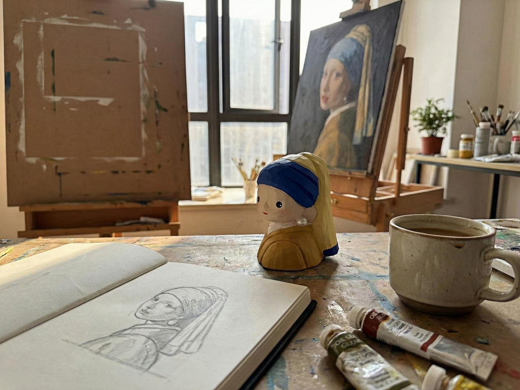 Handmade Wooden Girl with a Pearl Earring Figurine, Dutch Painting Inspired Wood Sculpture, Art Decor
