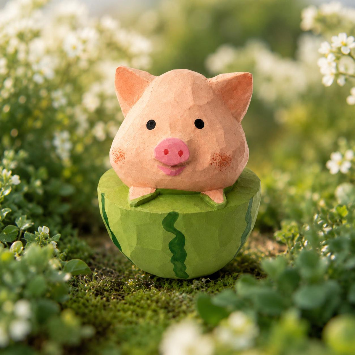Whimsical Wooden Pig in Watermelon Figurine Hand Carved Miniature Desk Decor Cute Summer Gift for Pig Lovers