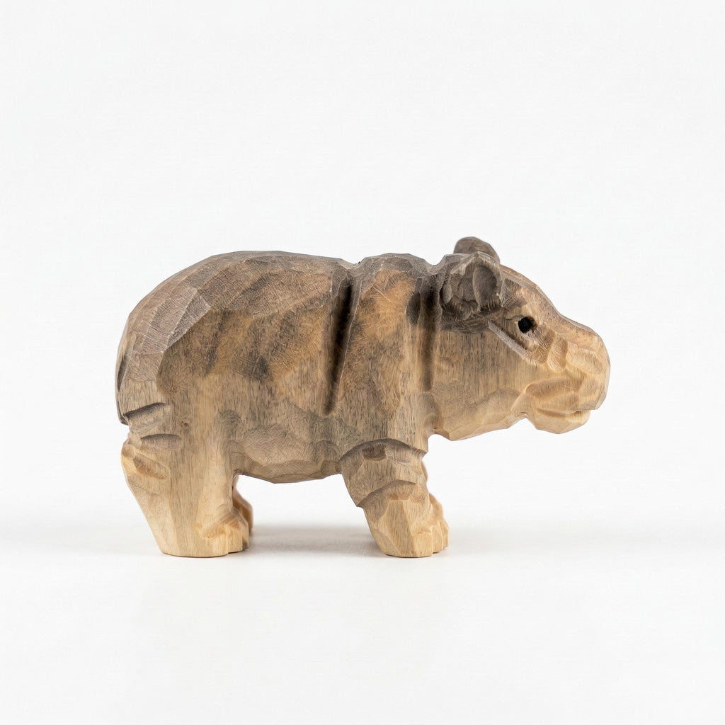 Hand Carved Wooden Hippo Sculpture | Rustic Safari Nursery Decor