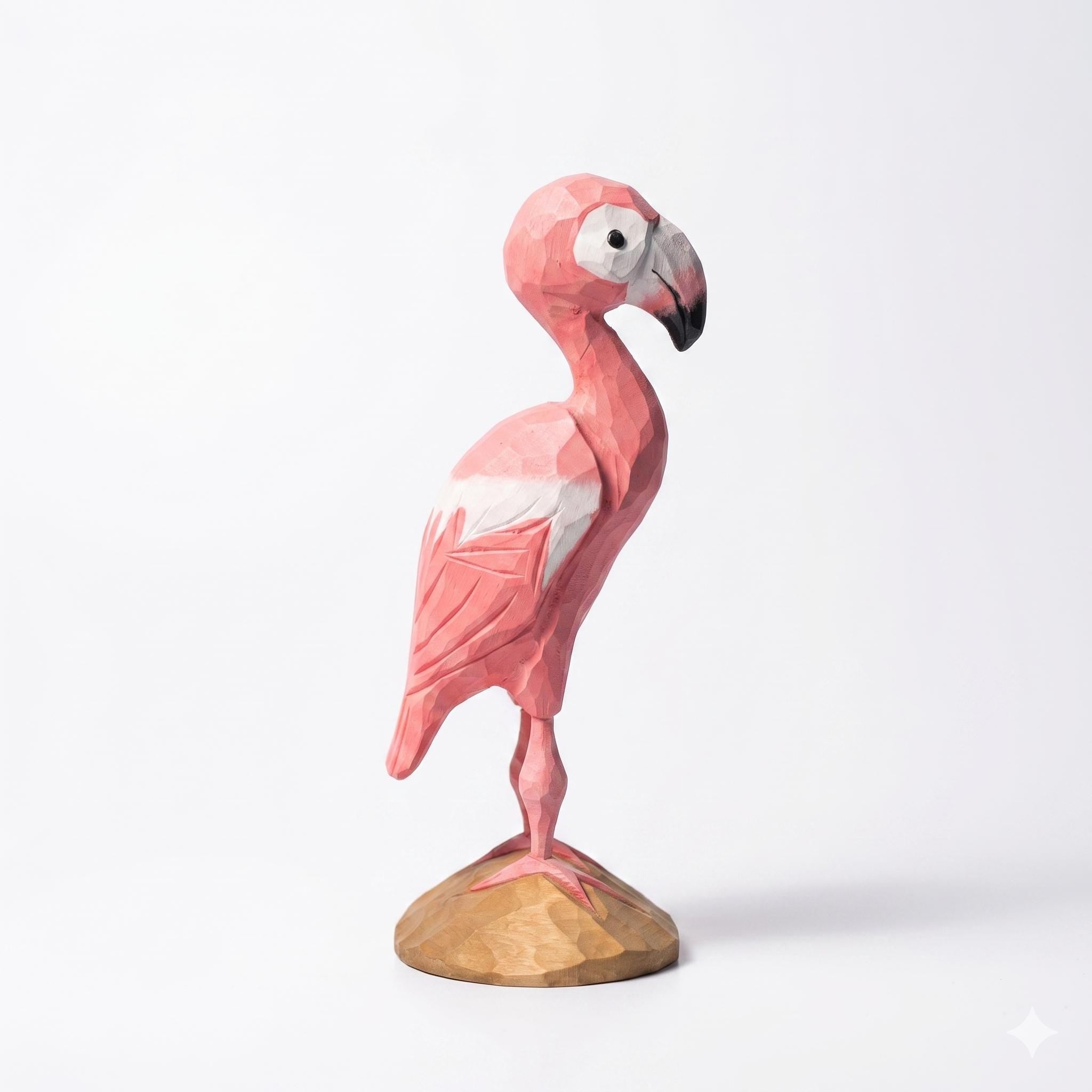 Whimsical Pink Flamingo Wood Carving Geometric Animal Sculpture Tropical Decor Hand Carved Bird Figurine Unique Gift for Bird Lover