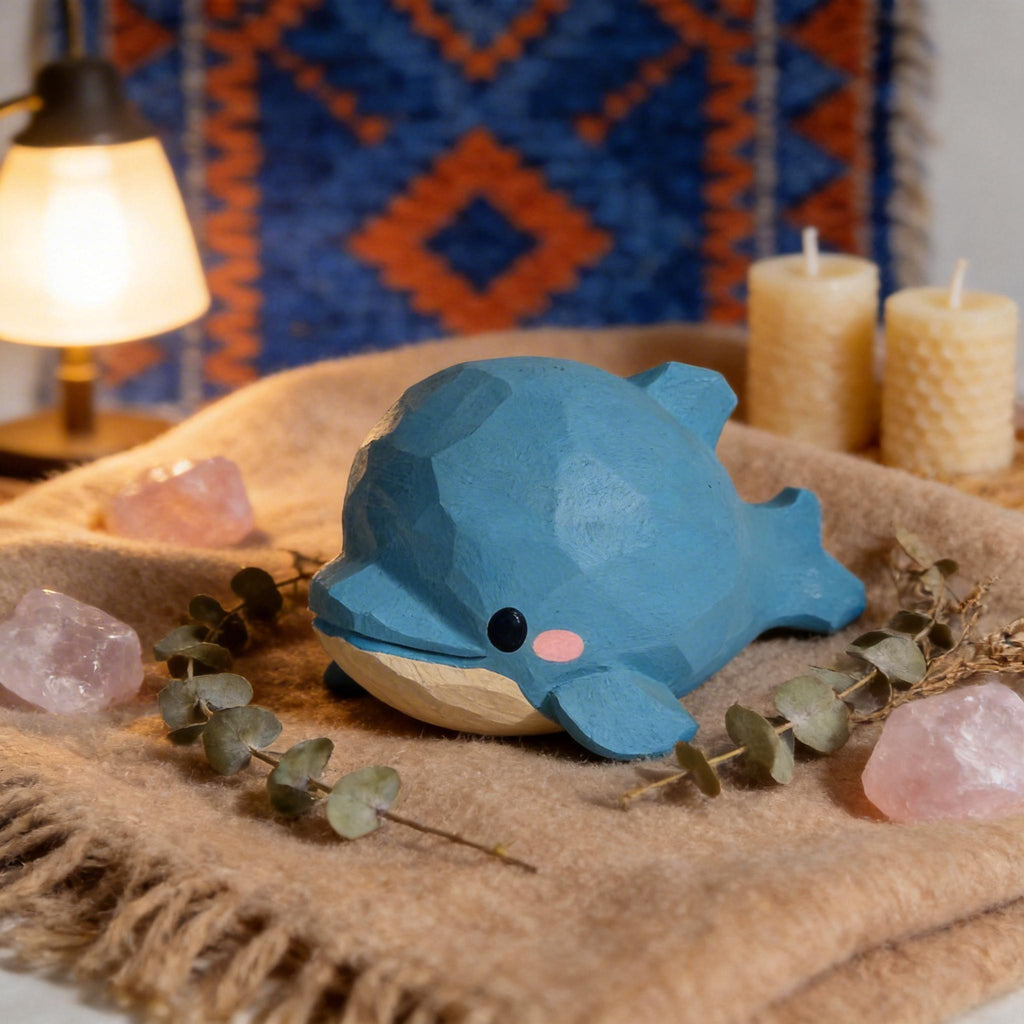 Hand Carved Wooden Dolphin Figurine | Kawaii Blue Ocean Animal Decor | Cute Marine Life Wood Carving | Beach Theme Desk Pet Lover Gift