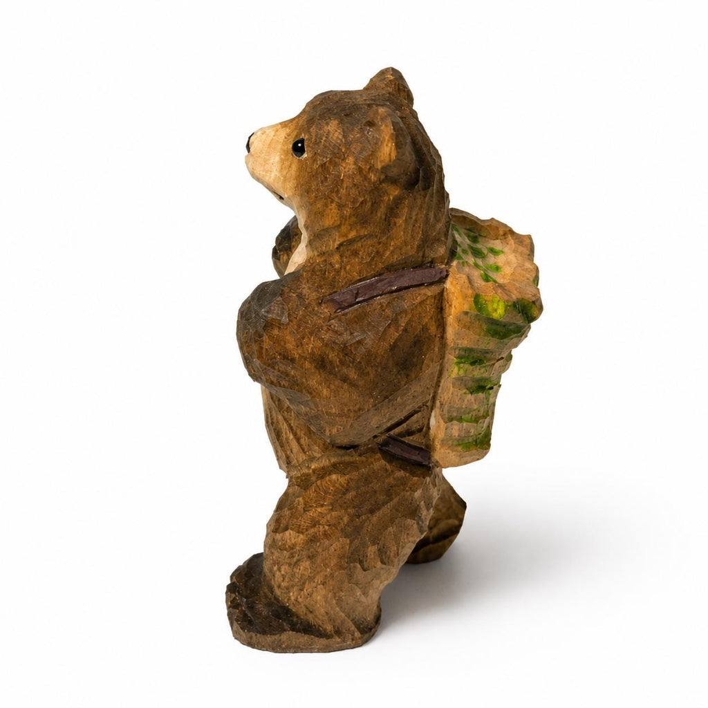 Hand-Carved Wooden Bear with Backpack Figurine | Whimsical Forest Hiker Decor | Cute Wood Animal Sculpture | Nature Lover Gift