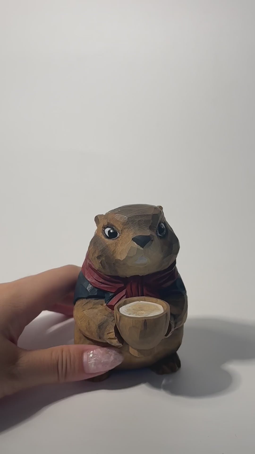 Whimsical Hand-Carved Wooden Groundhog Figurine, Cute Woodchuck Holding Bowl Decor, Cozy Woodland Animal Desk Pet, Nature Lover Gift product video
