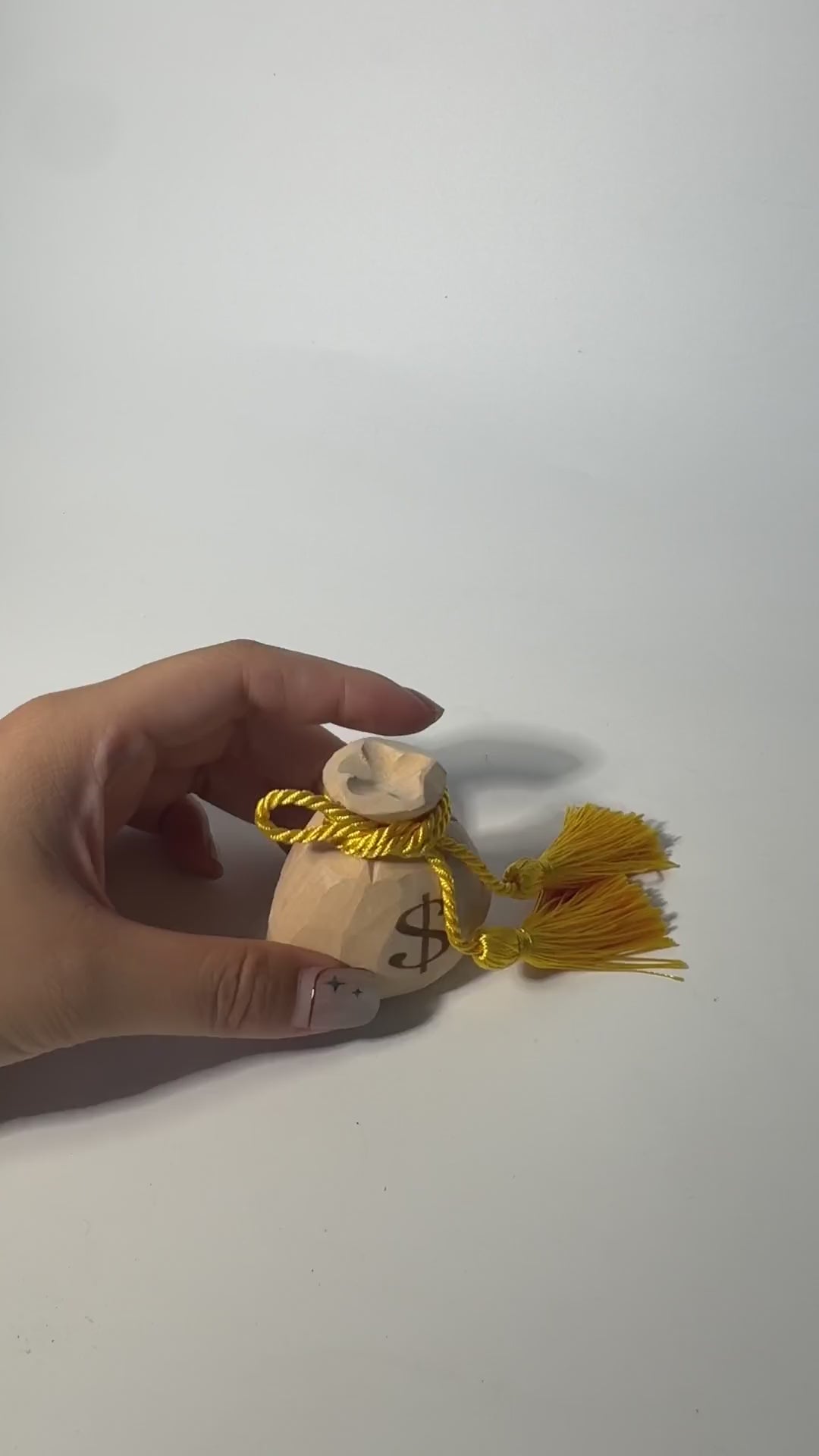 Hand Carved Wooden Money Bag, Dollar Sign Coin Purse Figurine, Gold Tassel Wealth Symbol, Rustic Farmhouse Desk Decor, Lucky Money Gift product video