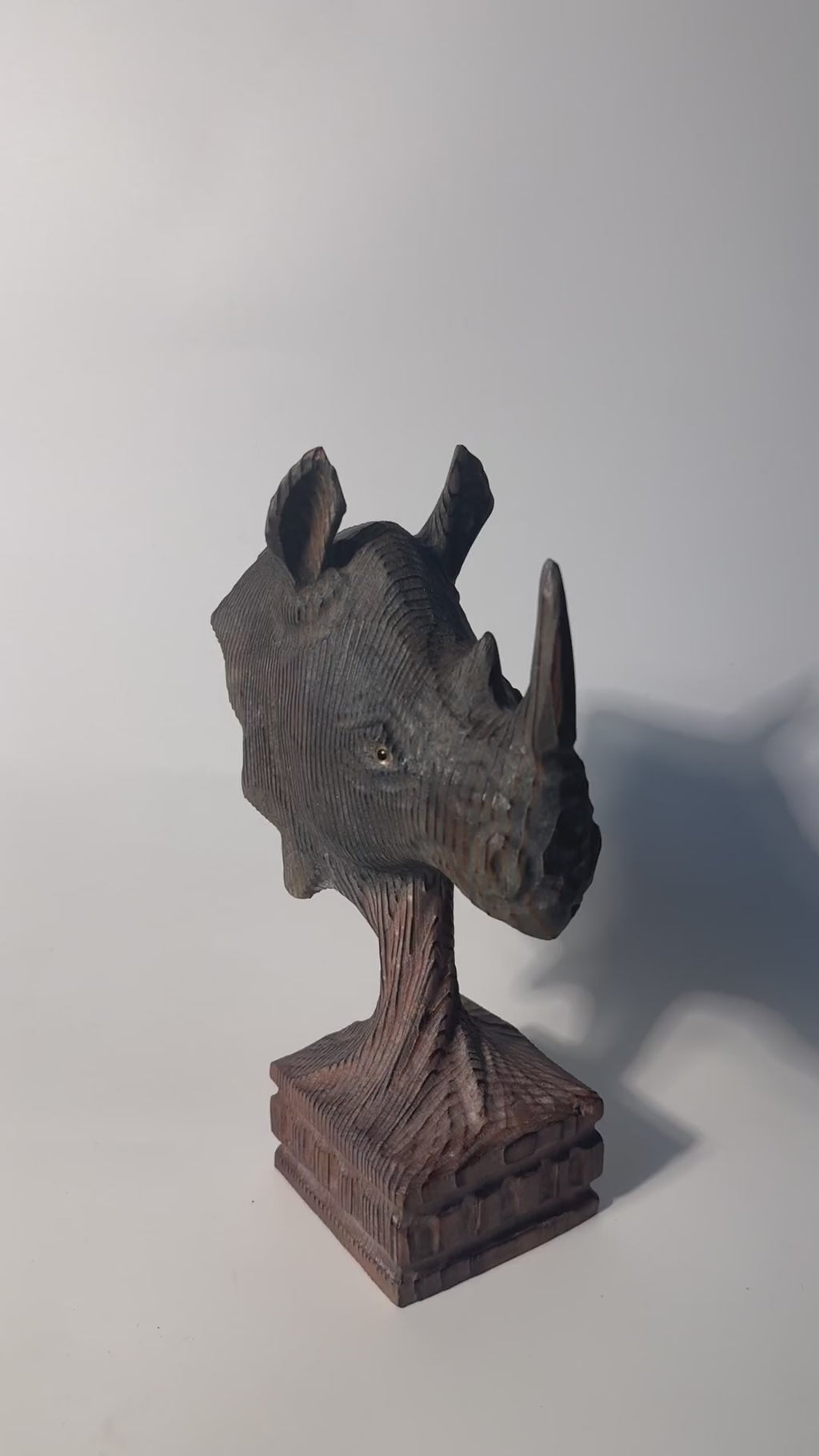 Majestic Wooden Rhino Bust Hand Carved Animal Sculpture Rustic Safari Desk Decor Unique Wildlife Lover Gift for Him product video