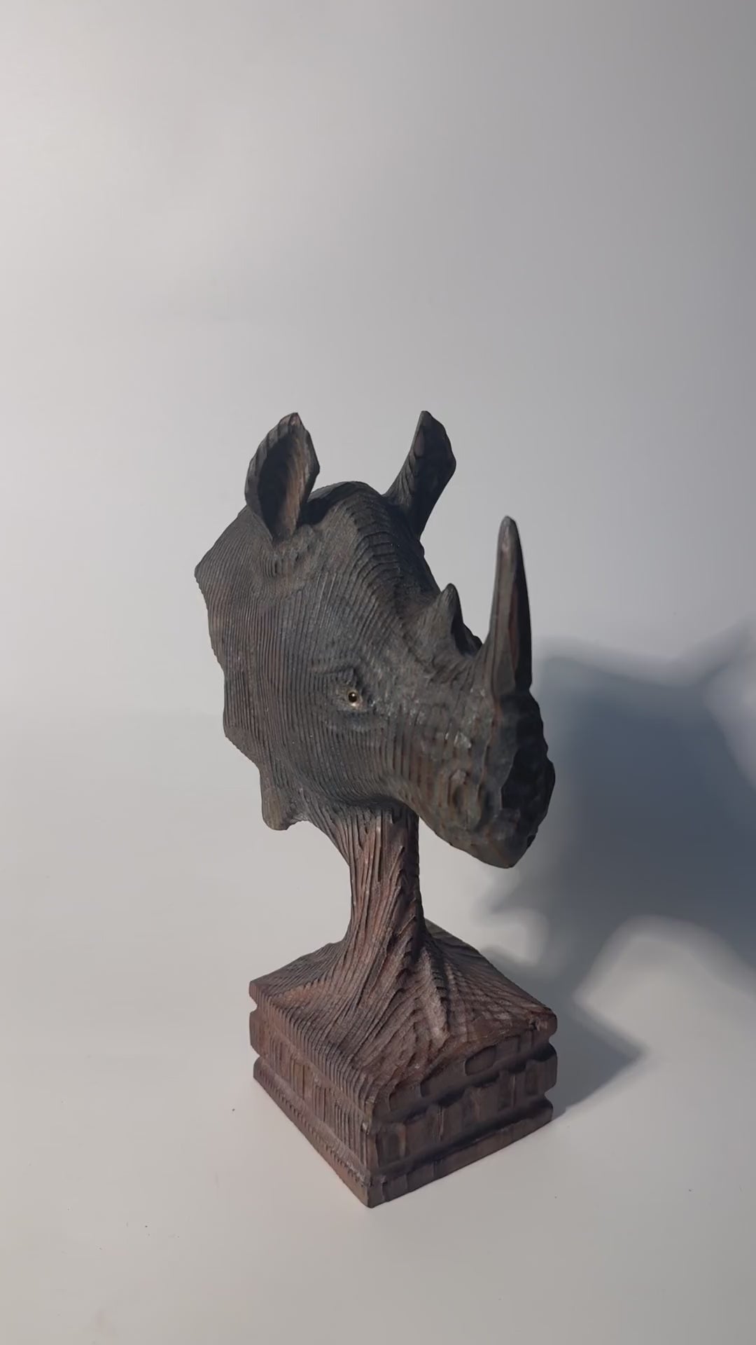 Majestic Wooden Rhino Bust Hand Carved Animal Sculpture Rustic Safari Desk Decor Unique Wildlife Lover Gift for Him product video