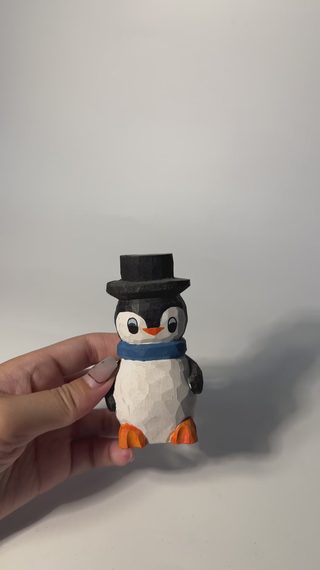 Whimsical Wooden Penguin Figurine, Hand Carved Bird, Top Hat Winter Decor, Rustic Wood Animal, Cute Christmas Gift product video
