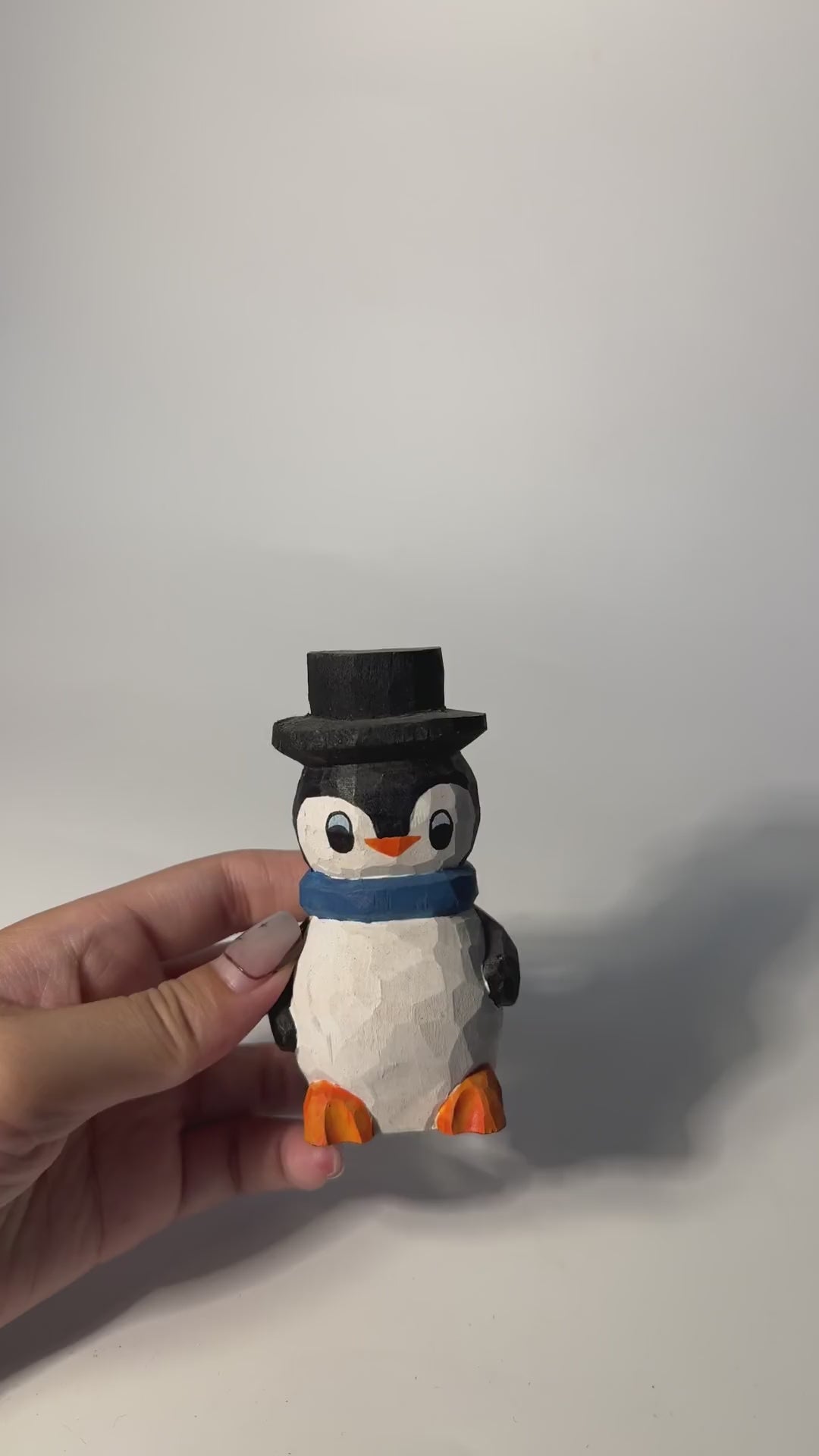 Whimsical Wooden Penguin Figurine, Hand Carved Bird, Top Hat Winter Decor, Rustic Wood Animal, Cute Christmas Gift product video