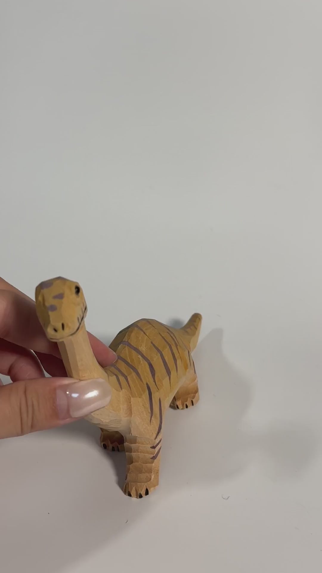 Hand Carved Wooden Brontosaurus Figurine Striped Dinosaur Nursery Decor Whimsical Desk Accessory Unique Birthday Gift for Dino Lover product video