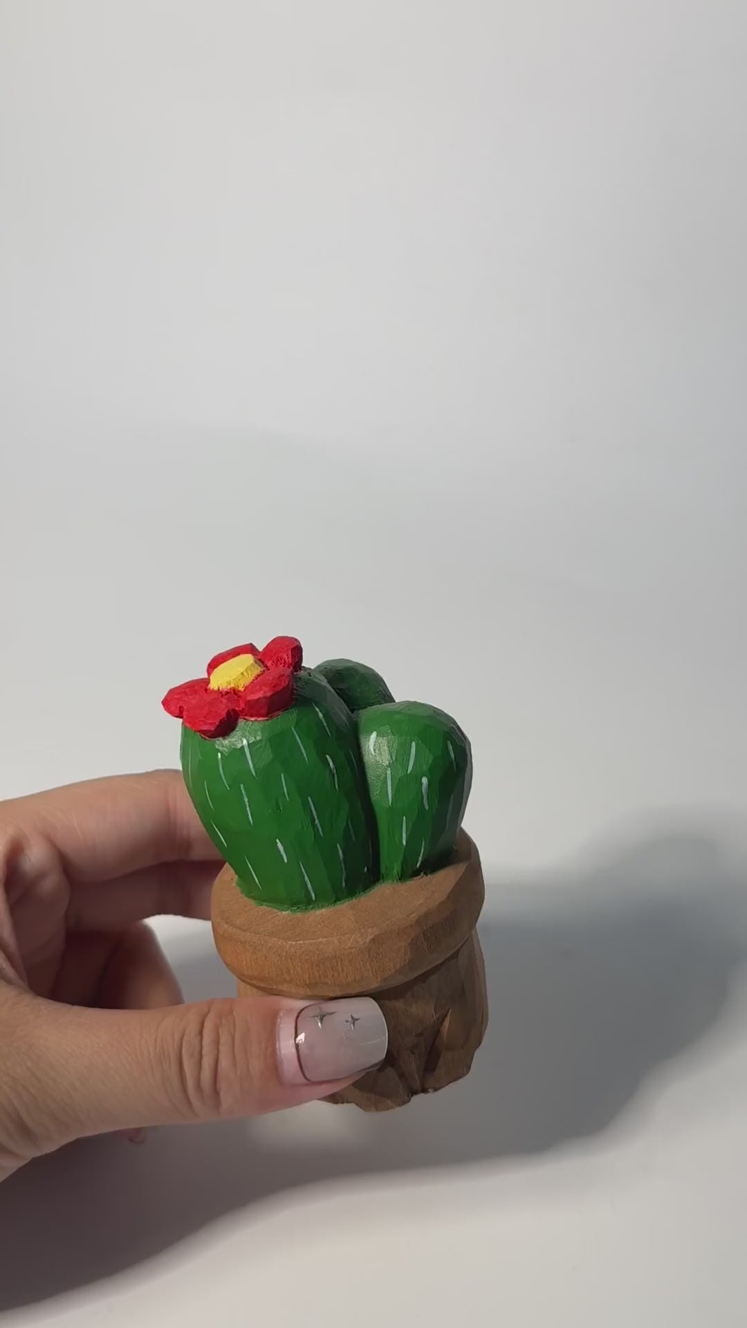 Hand Carved Wooden Cactus in Pot | Painted Succulent Figurine with Flower | Desert Plant Desk Decor | Unique Plant Lover Gift product video