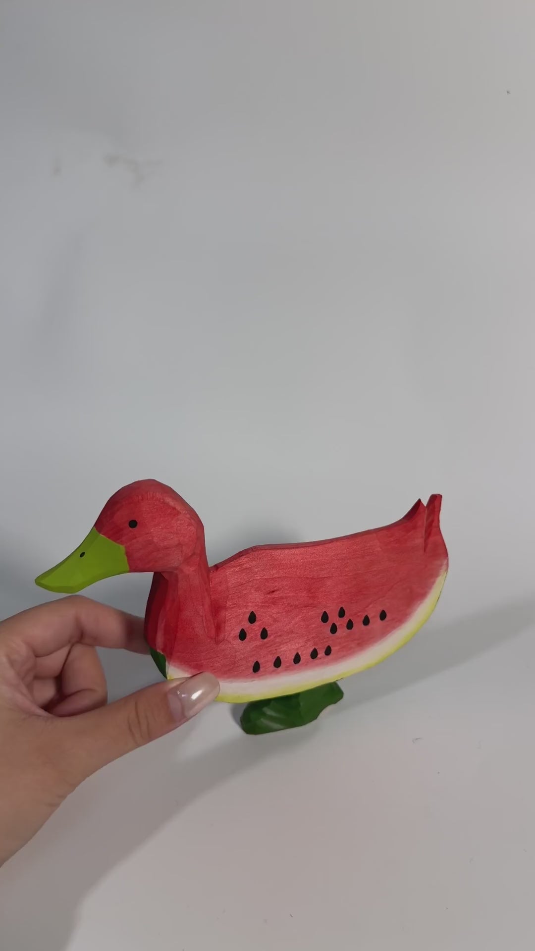 Whimsical Wooden Watermelon Duck Figurine | Hand Carved Wood Bird Sculpture | Summer Tropical Decor | Unique Gift for Animal Lovers product video