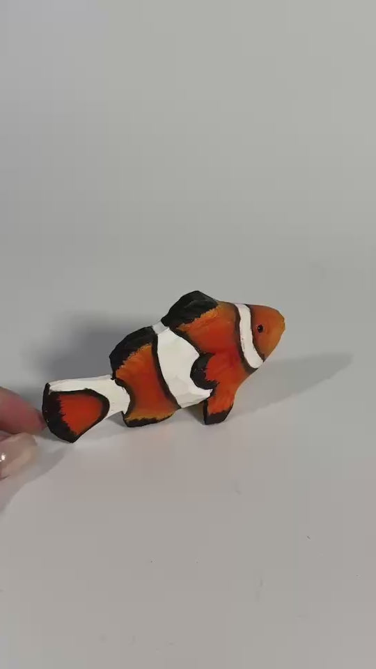 Hand Carved Wooden Clownfish Figurine, Nautical Nursery Decor, Tropical Sea Animal Sculpture, Hand Painted Fish Ornament product video