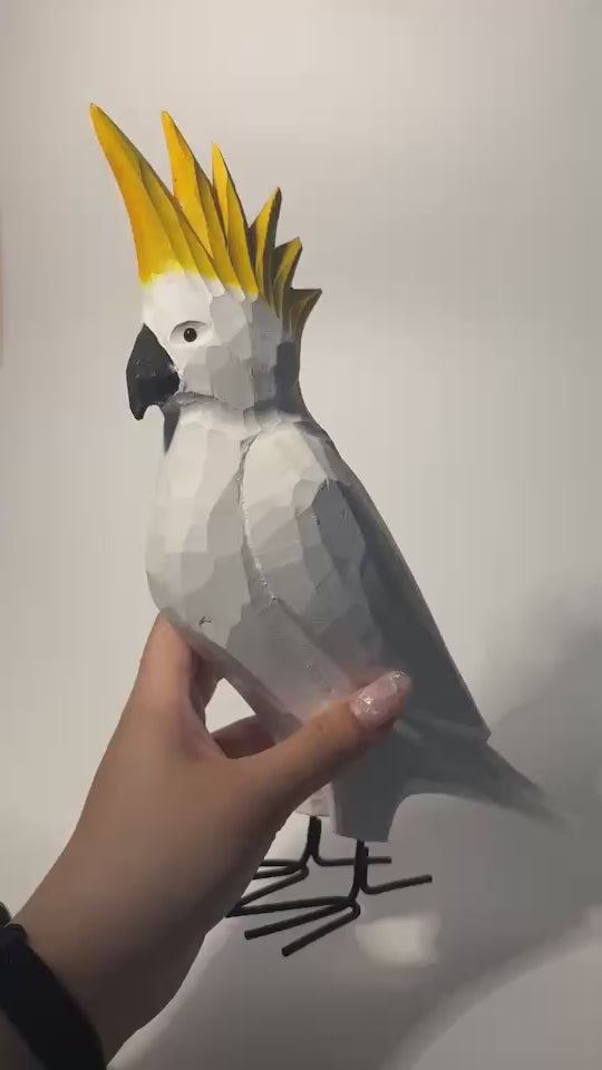 Whimsical Hand-Carved Wooden Cockatoo Figurine | Geometric Tropical Bird Sculpture | Modern Coastal Decor | Unique Gift for Bird Lovers product video